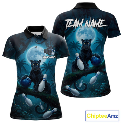 Women's horror panther blue moon bowling polo shirt custom bowling team jersey mockup