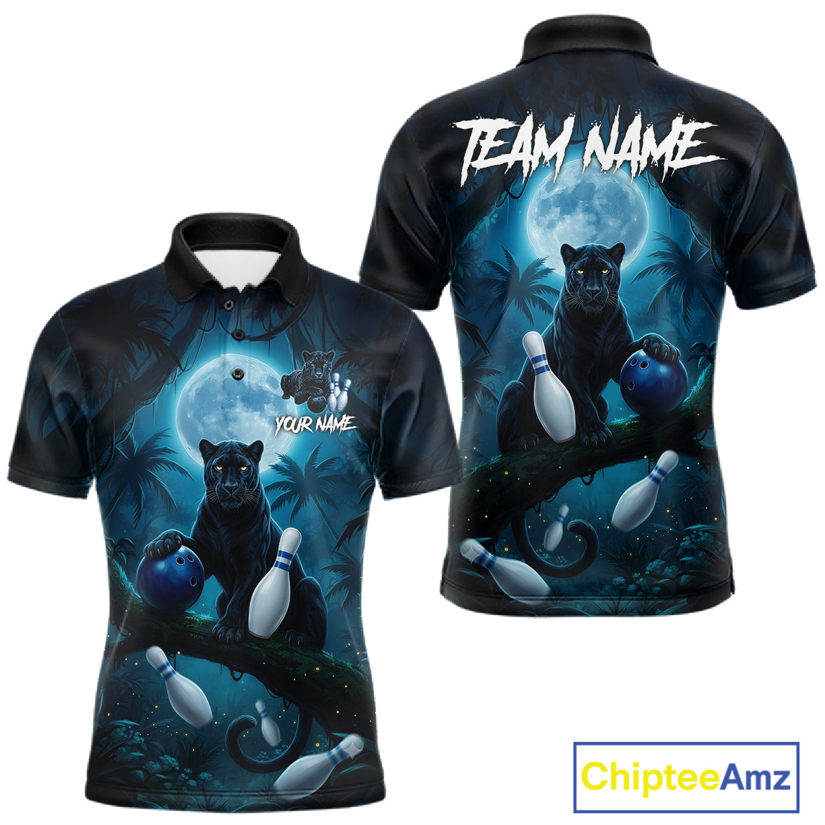 Men's horror panther blue moon bowling polo shirt custom bowling team jersey mockup