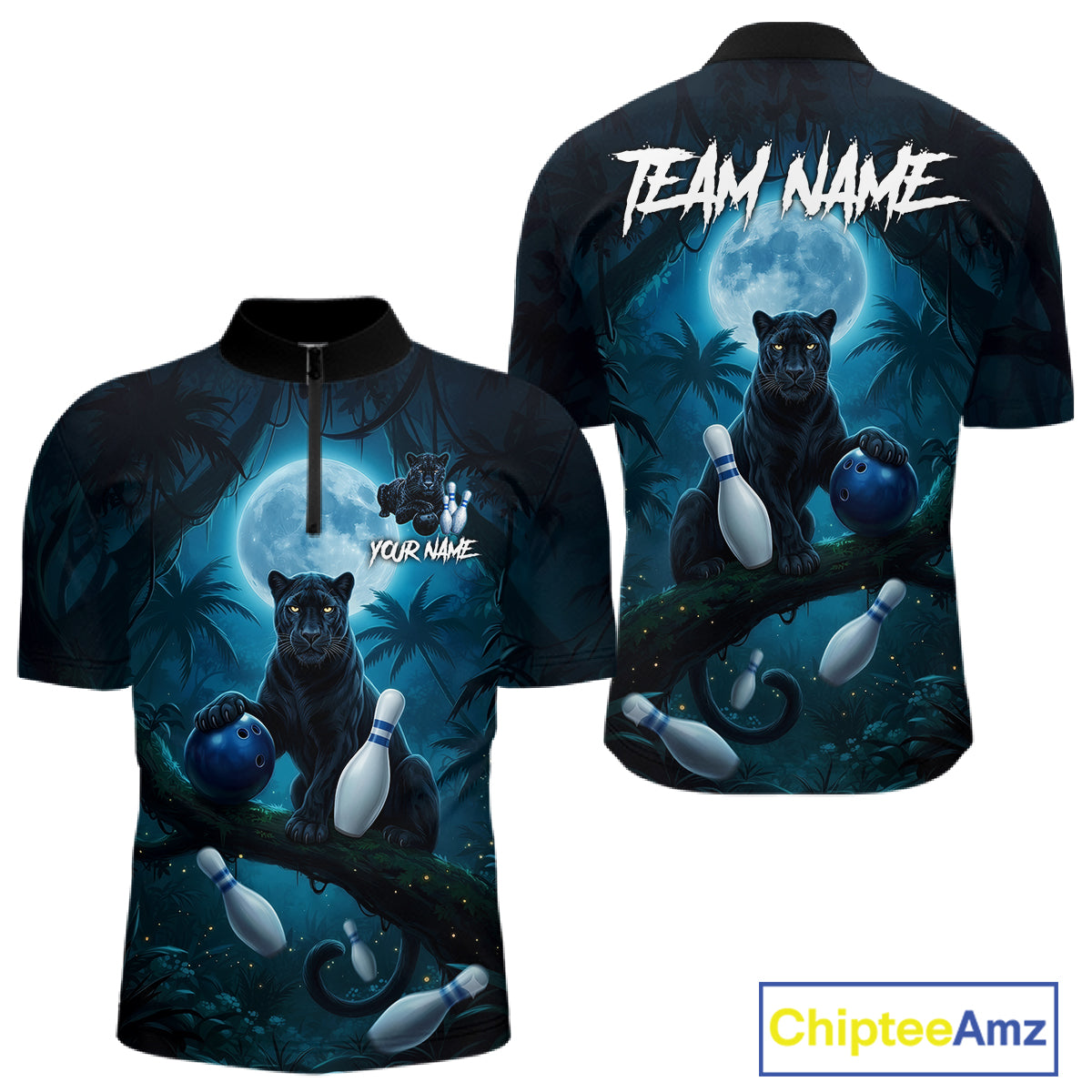 Men's horror panther quarter zip bowling shirt custom bowling jersey mockup