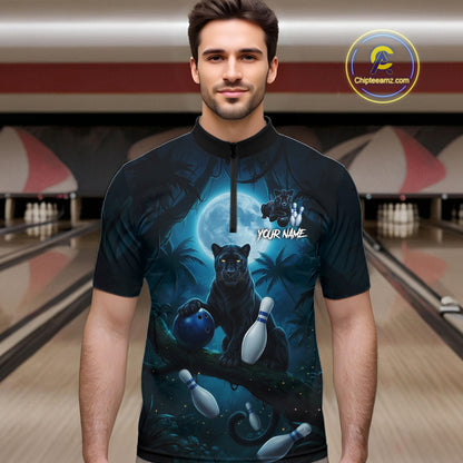 Man wearing horror panther blue moon bowling shirt custom bowling apparel