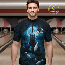 Load image into Gallery viewer, Man wearing horror panther blue moon bowling shirt custom bowling apparel