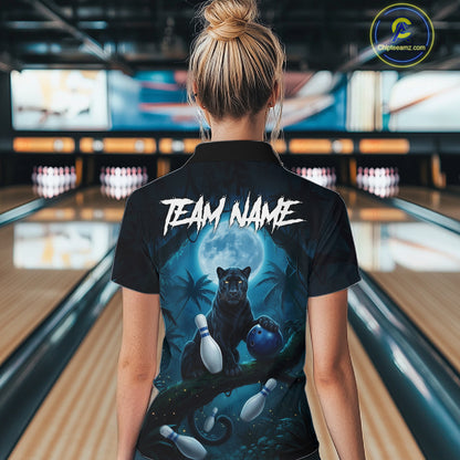 Woman wearing horror panther blue moon bowling shirt custom bowling apparel