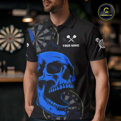 Male model wearing Black Blue Skull Darts Polo, Personalized Tournament Jersey