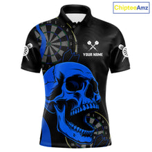 Load image into Gallery viewer, Personalized Black Blue Skull Men's Darts Polo Shirt Mockup, Professional Skull Dart Team Jersey