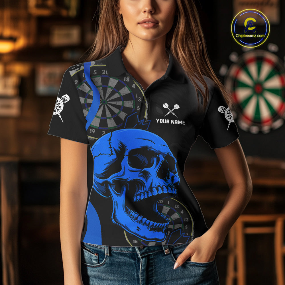Female model wearing Skull Darts Polo, Personalized League Shirt, Professional Tournament Apparel