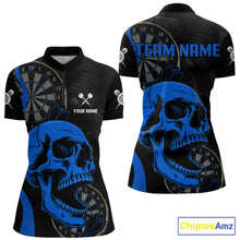 Load image into Gallery viewer, Personalized Skull Women's Quarter-Zip Darts Shirt Mockup, Black Blue Tournament Jersey, Custom Dart Apparel