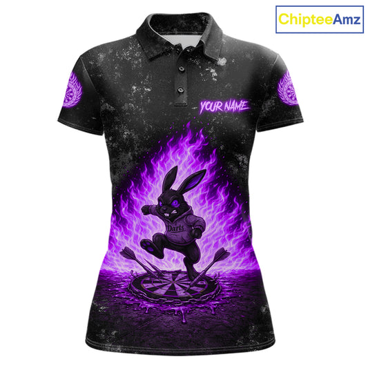 Crazy Rabbit Fire Flame Women's Darts Polo Shirt Mockup, Purple Custom Dartboard Tournament Jersey, Personalized Team Apparel