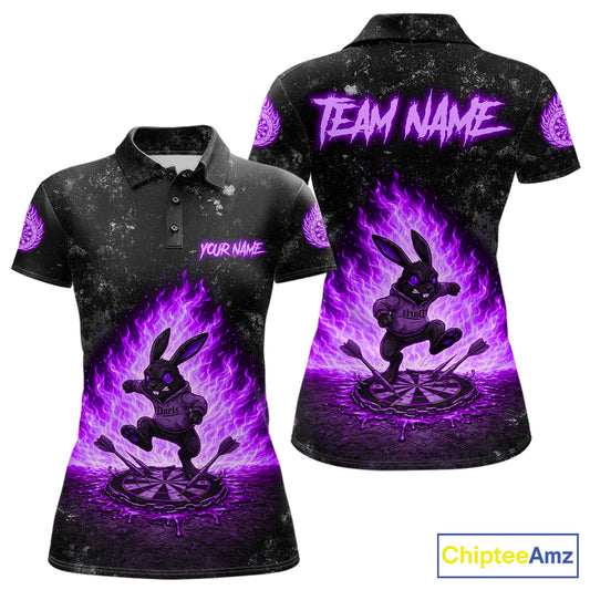 Crazy Rabbit Fire Flame Women's Darts Polo Shirt Mockup, Purple Custom Dartboard Tournament Jersey, Personalized Team Apparel