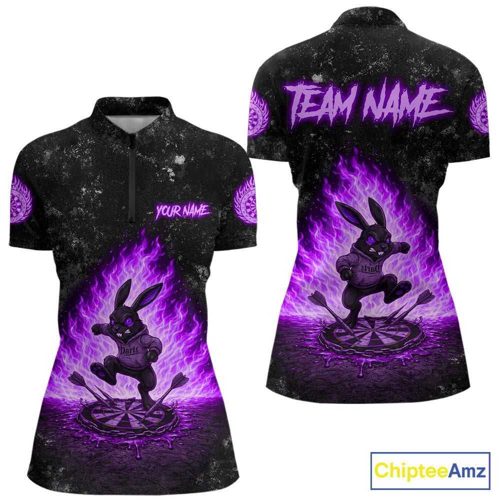 Crazy Rabbit Fire Flame Women's Quarter-Zip Darts Shirt Mockup, Purple Tournament Jersey, Personalized Dart Team Apparel