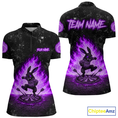Crazy Rabbit Fire Flame Women's Quarter-Zip Darts Shirt Mockup, Purple Tournament Jersey, Personalized Dart Team Apparel