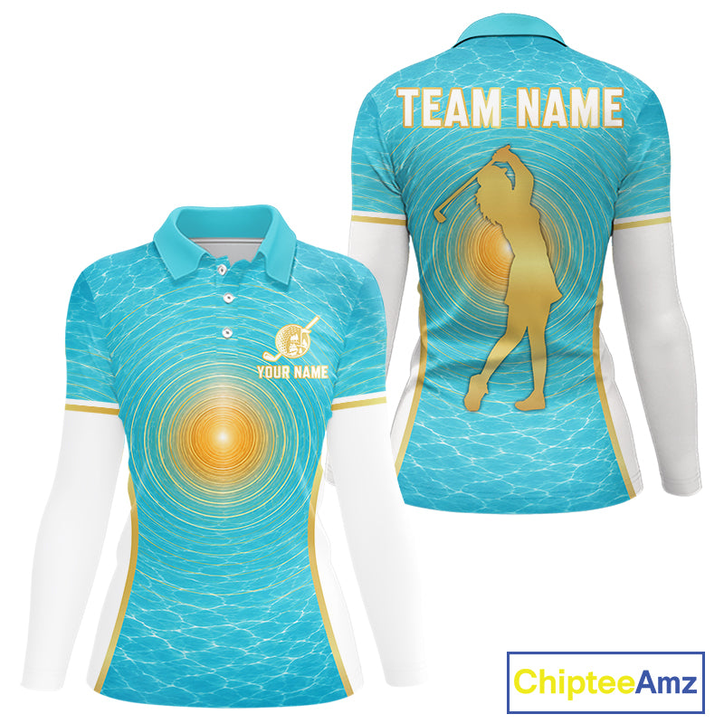 White, Gold And Blue Ocean Golf Polo Shirts For Women Custom Summer Golf Team Jersey, Golf Gifts NYN4032