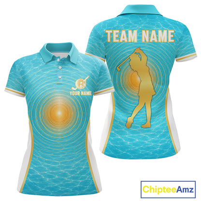 White, Gold And Blue Ocean Golf Polo Shirts For Women Custom Summer Golf Team Jersey, Golf Gifts NYN4032