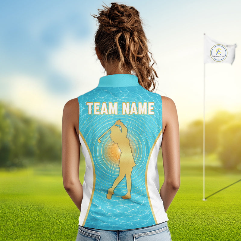 White, Gold And Blue Ocean Golf Sleeveless Polo Shirts For Women Custom Summer Golf Team Jersey, Golf Gifts NYN4032