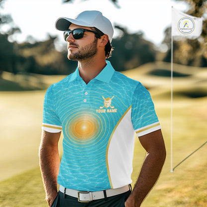 White, Gold & Blue Ocean Skeleton Golf Polo Shirts For Men Custom Skull Golf Team Jersey, Golf Gifts NYN4033