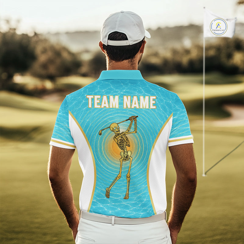 White, Gold & Blue Ocean Skeleton Golf Polo Shirts For Men Custom Skull Golf Team Jersey, Golf Gifts NYN4033