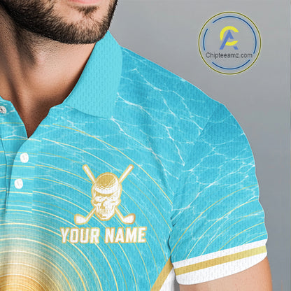 White, Gold & Blue Ocean Skeleton Golf Polo Shirts For Men Custom Skull Golf Team Jersey, Golf Gifts NYN4033