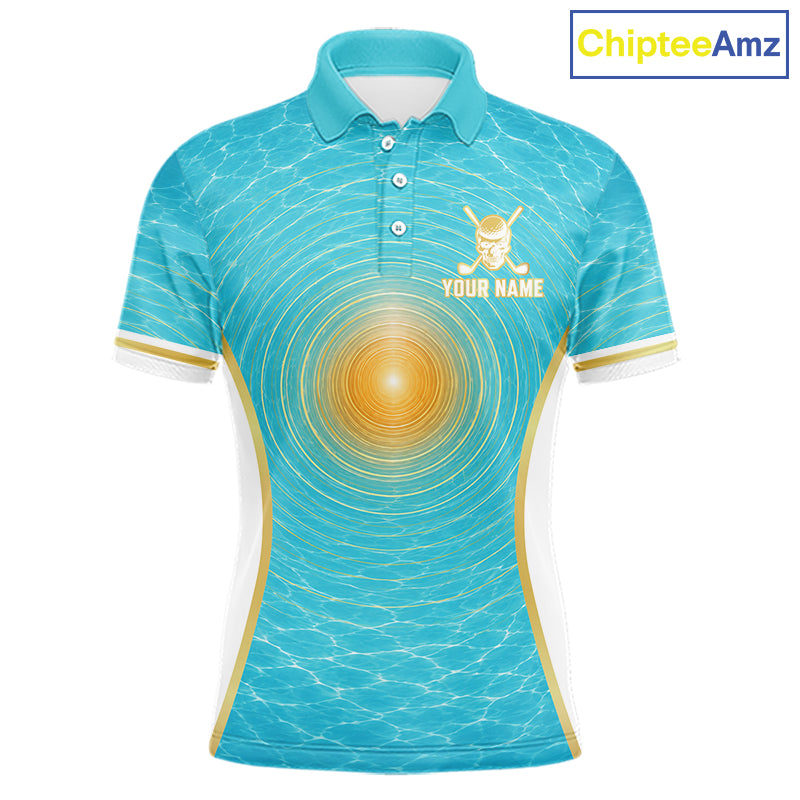 White, Gold & Blue Ocean Skeleton Golf Polo Shirts For Men Custom Skull Golf Team Jersey, Golf Gifts NYN4033