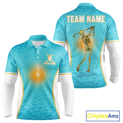 White, Gold & Blue Ocean Skeleton Golf Polo Shirts For Men Custom Skull Golf Team Jersey, Golf Gifts NYN4033