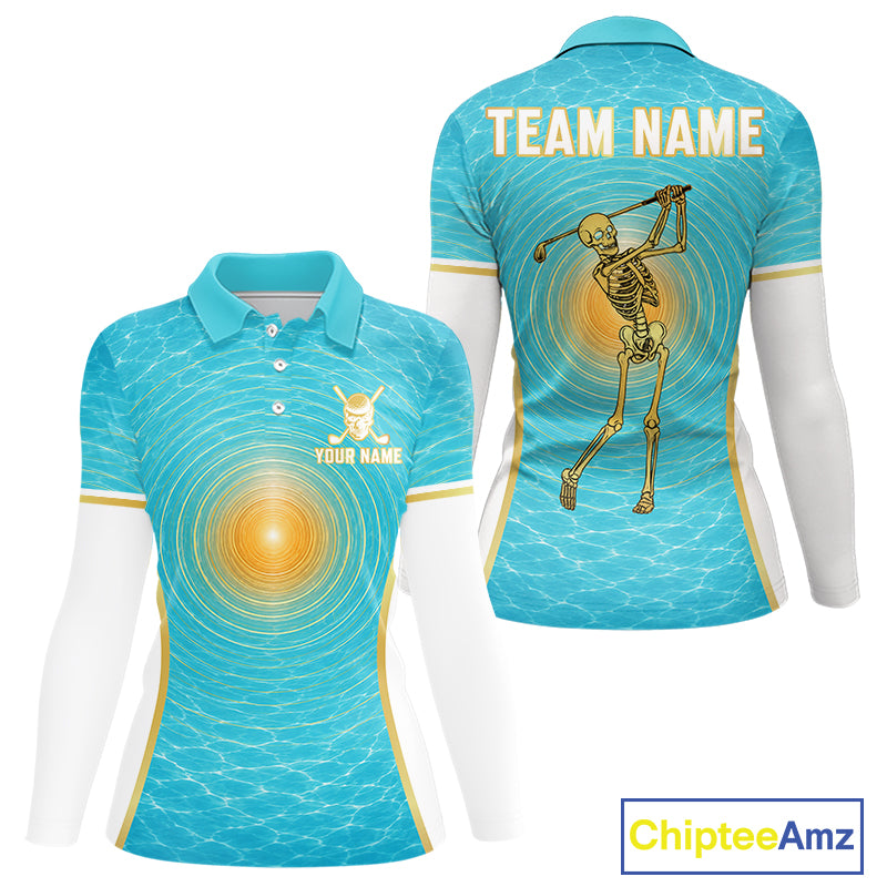 White, Gold & Blue Ocean Skeleton Golf Polo Shirts For Women Custom Skull Golf Team Jersey, Golf Gifts NYN4033