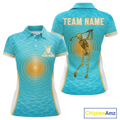 White, Gold & Blue Ocean Skeleton Golf Polo Shirts For Women Custom Skull Golf Team Jersey, Golf Gifts NYN4033