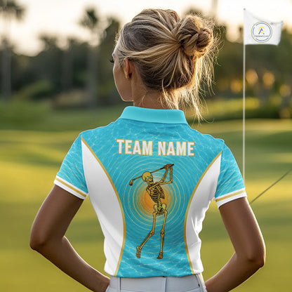 White, Gold & Blue Ocean Skeleton Golf Polo Shirts For Women Custom Skull Golf Team Jersey, Golf Gifts NYN4033