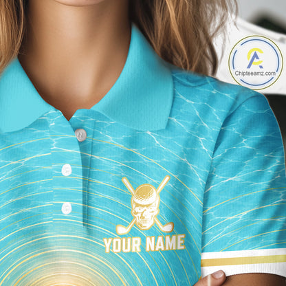 White, Gold & Blue Ocean Skeleton Golf Polo Shirts For Women Custom Skull Golf Team Jersey, Golf Gifts NYN4033