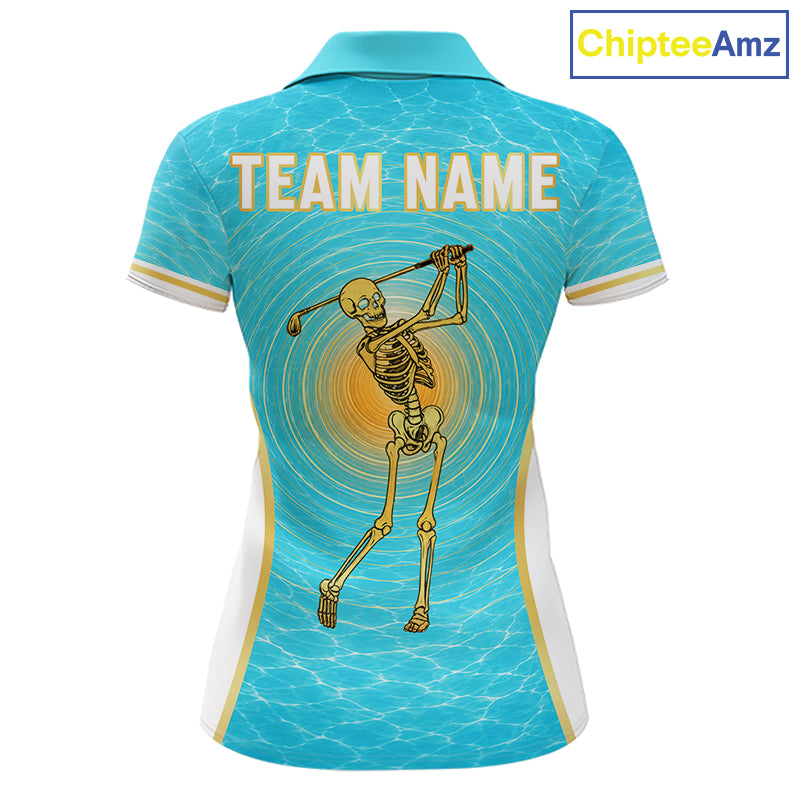White, Gold & Blue Ocean Skeleton Golf Polo Shirts For Women Custom Skull Golf Team Jersey, Golf Gifts NYN4033