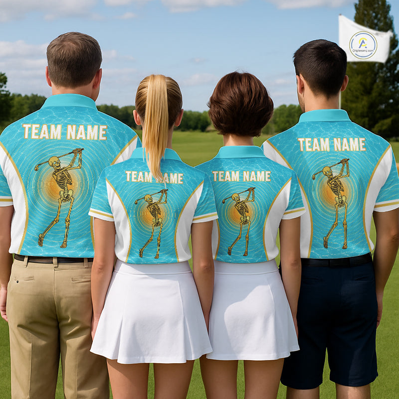 White, Gold & Blue Ocean Skeleton Golf Polo Shirts For Men Custom Skull Golf Team Jersey, Golf Gifts NYN4033