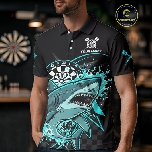 Black And Turquoise Funny Shark Dartboard Custom Men Darts Polo Shirt Dart Jerseys NYN1906