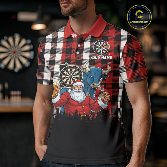 Custom Funny Santa & Bull Beer Dartboard Christmas Men Darts Polo Shirt Xmas Dart Jerseys NYN1913
