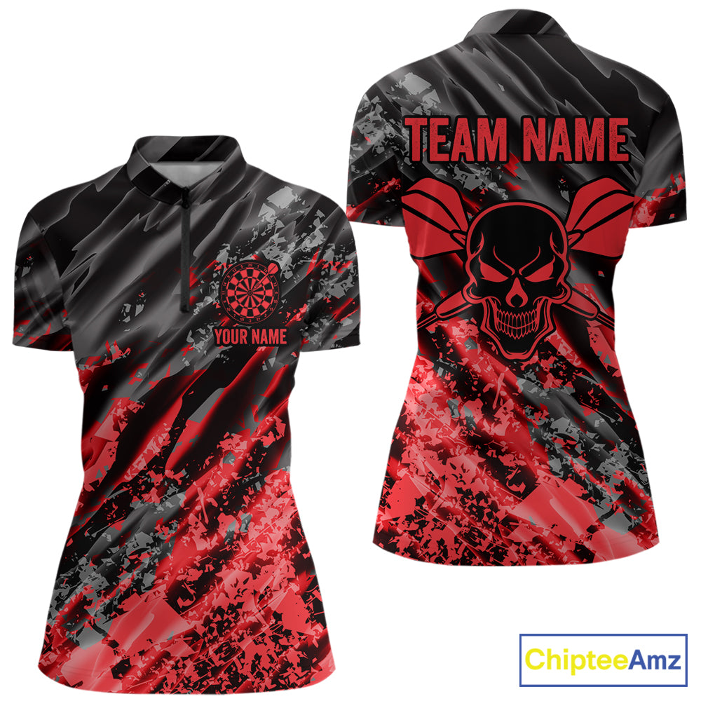 Custom Streaks Red And Grey Skull Women Darts Quarter-Zip Team Shirt Skull Dart League Jerseys NYN2179
