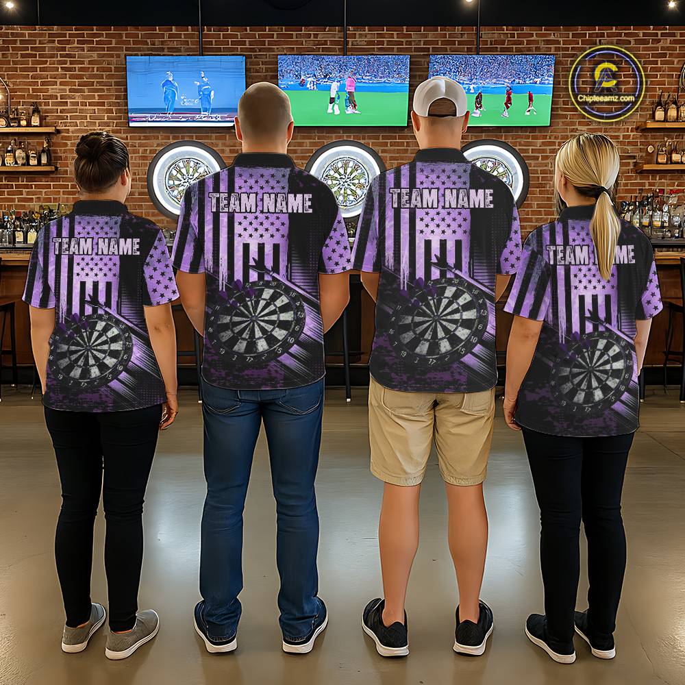 Purple US Flag Grunge Dartboard & Arrow Men Darts Polo Shirts Custom Dart Team Jerseys NYN2444