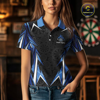 Black And Blue Flames Dartboard Women Darts Polo Shirts Custom Fire Flame Dart Team Jerseys NYN2445