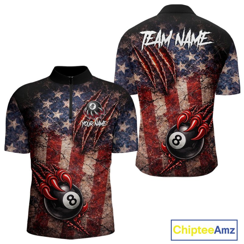 Personalized Cracked US Flag Grunge Claws Pool 8 Ball Men's Billiard Team Shirt Billiard Attire NYN2672