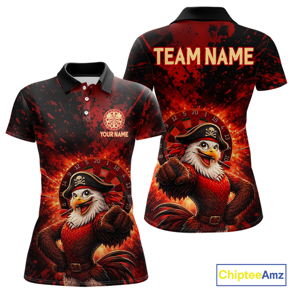 Funny Pirate Rooster Women Darts Polo & 1/4-Zip Shirt Personalized Red Splatter Paint Dart Team Jersey NYN3031