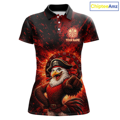 Funny Pirate Rooster Women Darts Polo & 1/4-Zip Shirt Personalized Red Splatter Paint Dart Team Jersey NYN3031