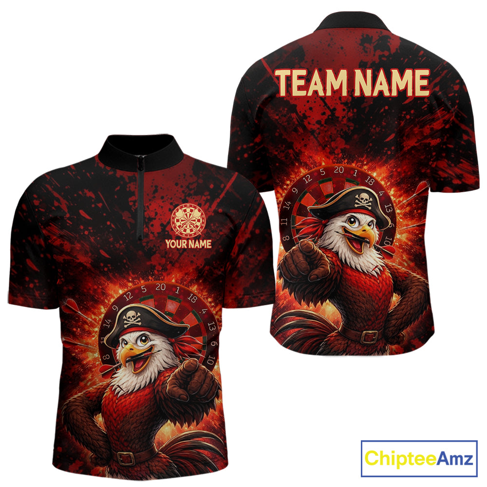 Funny Pirate Rooster Men Darts Polo & 1/4-Zip Shirt Personalized Red Splatter Paint Dart Team Jersey NYN3031