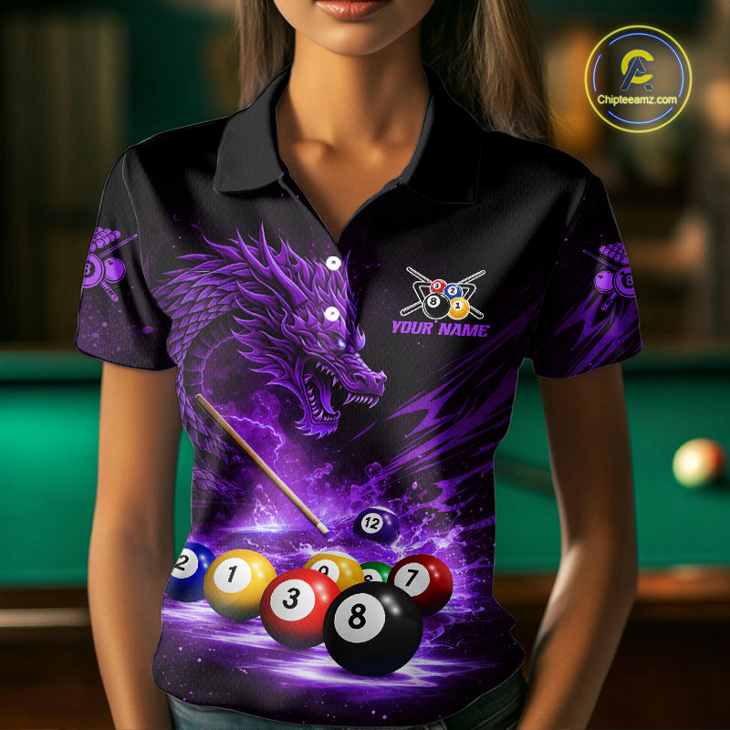 Purple Funny Dragon Thunder Ball Pool Billiard Team Shirt For Women Custom Billiards Ball Attire NYN3042