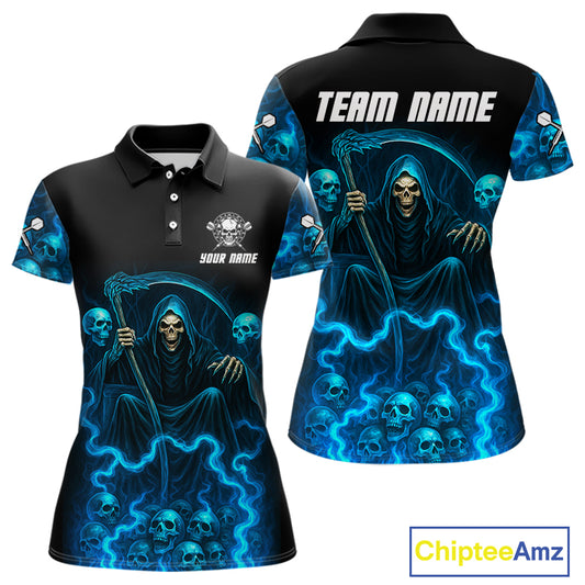 Blue The Reaper Women's Darts Shirt Flame Skulls Team Jersey - Custom Name For Players NYN0507