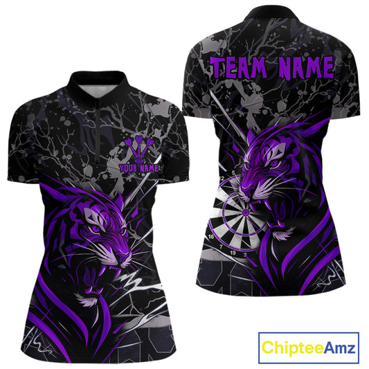 Women's 1/4-Zip Dart Shirt Purple Fierce Tiger Dartboard Personalized Darts Jerseys Outfits NYN1015