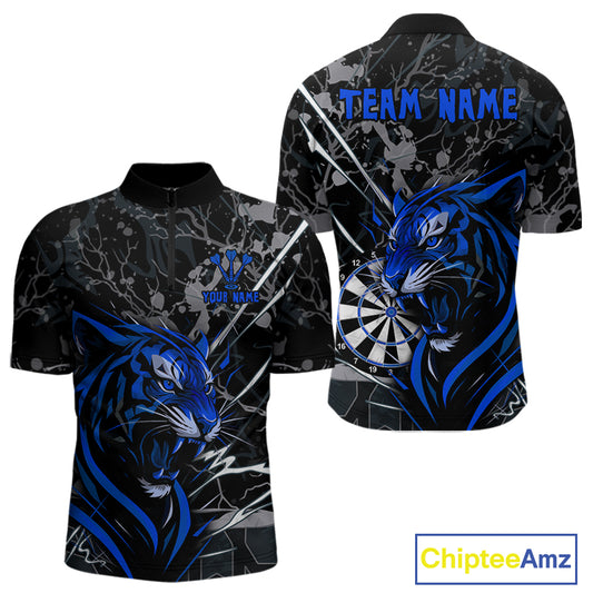 Men's 1/4-Zip Dart Shirt Blue Fierce Tiger Dartboard Personalized Darts Jerseys Outfits NYN1016
