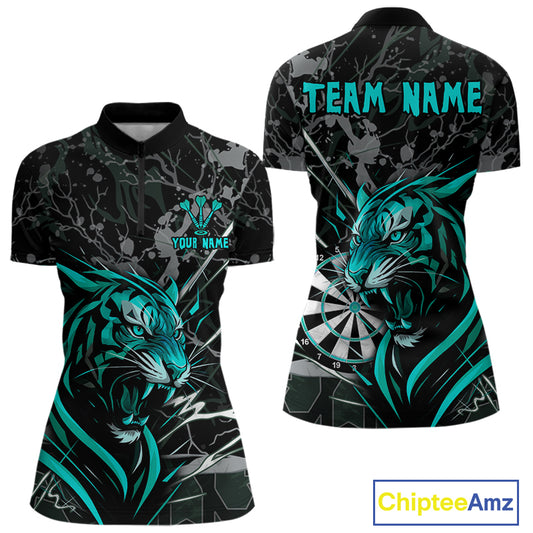 Women's 1/4-Zip Dart Shirt Turquoise Fierce Tiger Dartboard Personalized Darts Jerseys Outfits NYN1017
