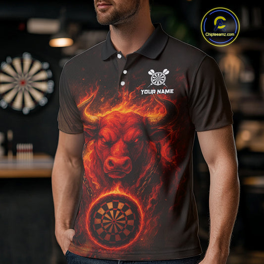 Custom Funny Bull Grunge Red Flames Dartboard Dart Men Polo Shirt Outfits Dart Jerseys NYN1635