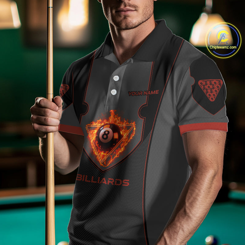 Fire Flame 8 Ball Pool Polo & 1/4-Zip Team Shirt For Men Custom Billiards Ball Apparel|Red NYN2456