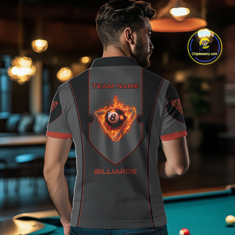 Fire Flame 8 Ball Pool Polo & 1/4-Zip Team Shirt For Men Custom Billiards Ball Apparel|Red NYN2456