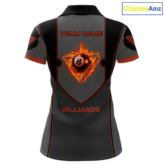 Fire Flame 8 Ball Pool Polo & 1/4-Zip Team Shirt For Women Custom Billiards Ball Apparel|Red NYN2456