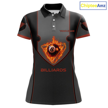 Fire Flame 8 Ball Pool Polo & 1/4-Zip Team Shirt For Women Custom Billiards Ball Apparel|Red NYN2456