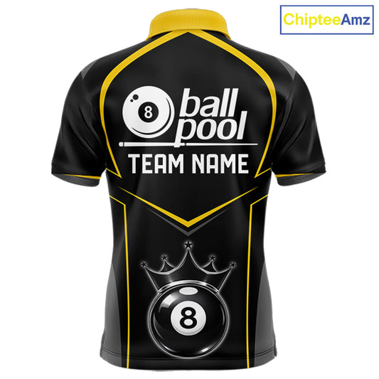 Black 8 Ball Crown Pool Men Polo & 1/4-Zip Team Shirts Custom Billiards Ball & Cue Attire|Yellow NYN2459