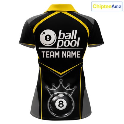 Black 8 Ball Crown Pool Women Polo & 1/4-Zip Team Shirts Custom Billiards Ball & Cue Attire|Yellow NYN2459