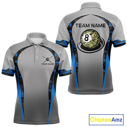 Camo 8 Ball Pool Billiard Polo & 1/4-Zip Shirt For Men Custom Blue And Grey Billiard Team Attire NYN3048
